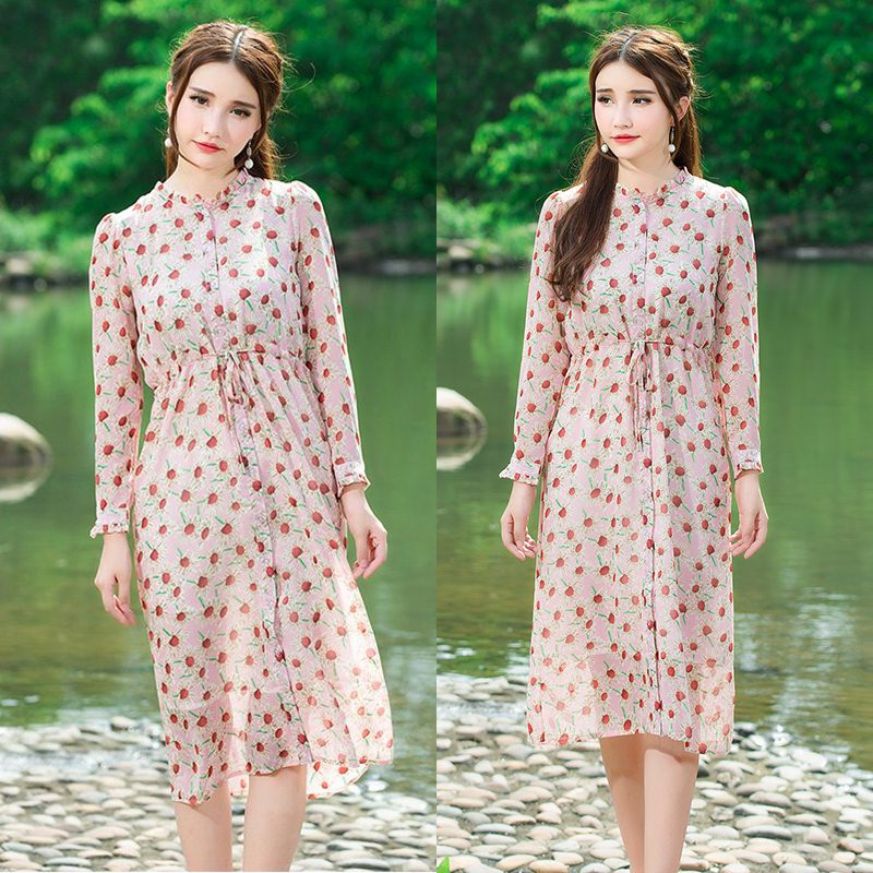 Dress4158 แม็กซี่เดรสยาวทรงสวยลายดอกทานตะวันพื้นสีชมพู คอระบาย กระดุมผ่าหน้า แขนยาวกระดุมข้อมือ มีเชือกผูกรูดเอวปรับได้ตามสัดส่วน มีซับในอย่างดีทั้งชุด ผ้าชีฟองเกรดพรีเมียม