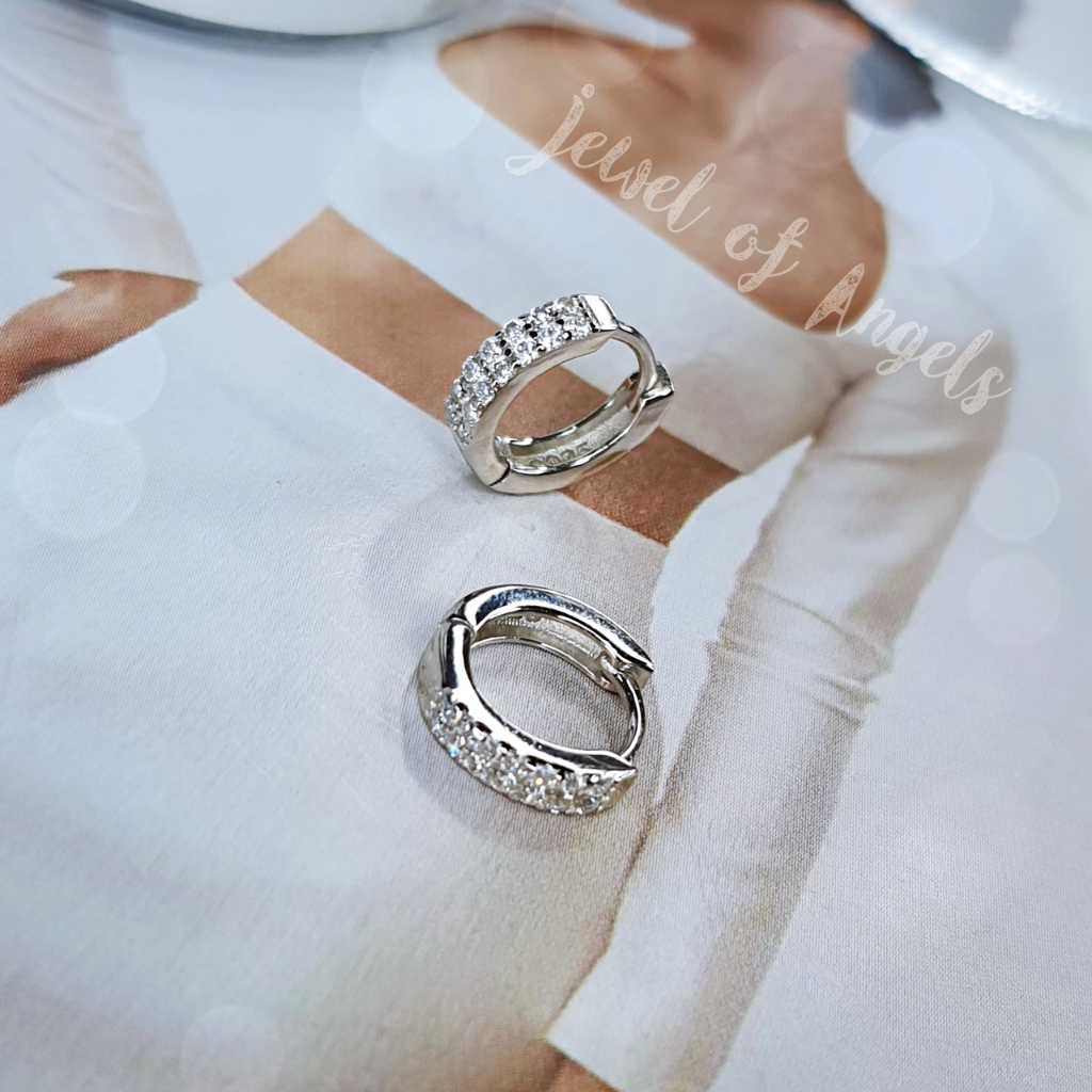 ต่างหูเงินแท้ S925 รุ่น Dreaming ต่างหูห่วงเล็กเพชรCZ 2แถว สูง9.4mm เงินแท้ทั้งชิ้น Silver925