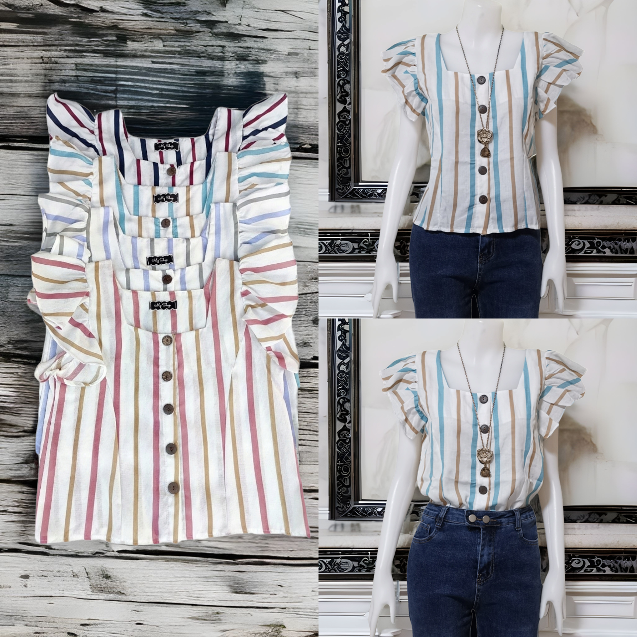 Blouse4055 เสื้อคอเหลี่ยมแขนระบายพื้นขาวลายริ้วพาสเทล กระดุมผ่าหน้า ผ้าคอตตอนลินินเนื้อดีใส่สบาย มี 4 โทนสี แดงกรม, ฟ้าน้ำตาล, ชมพูน้ำตาล, ฟ้าเทา