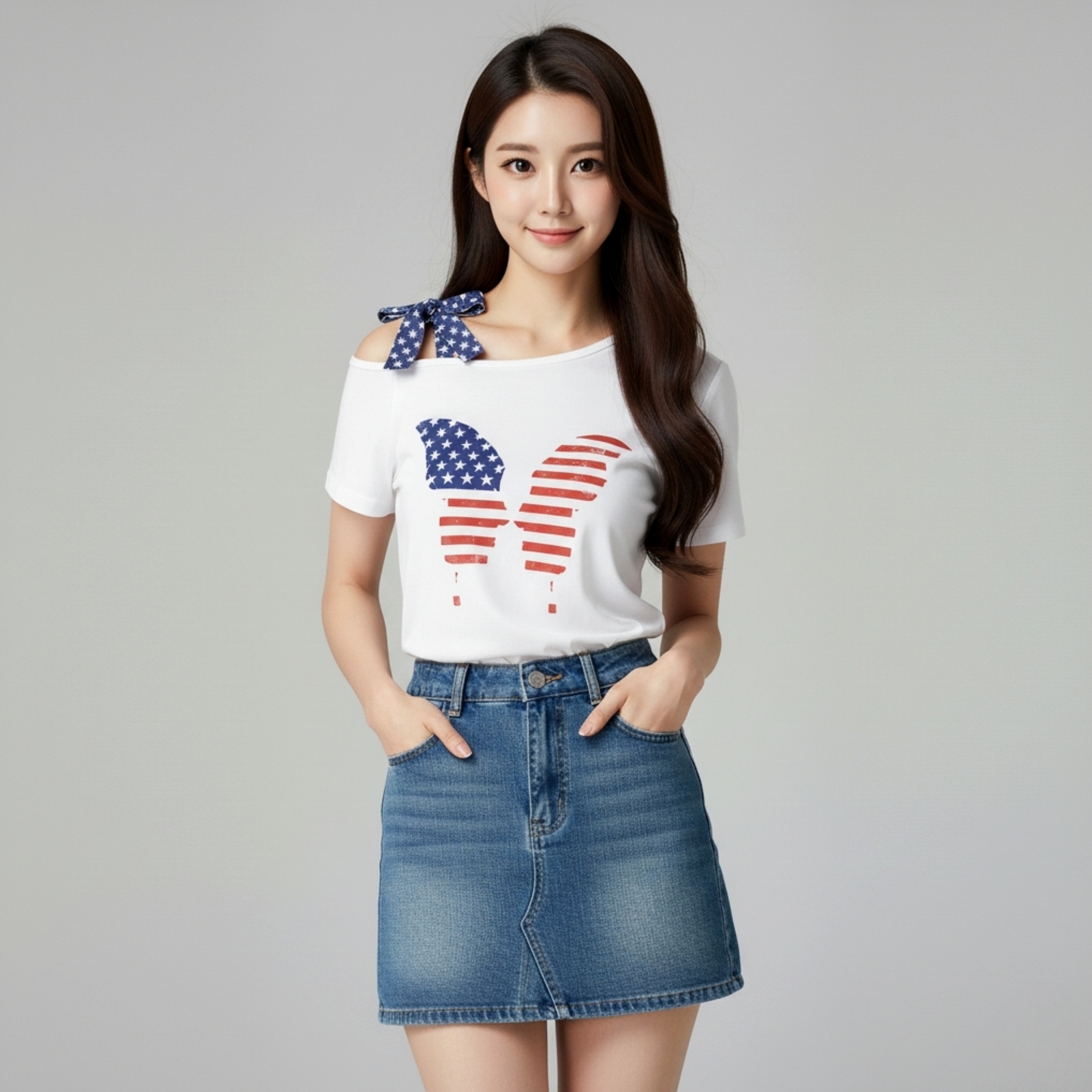 🎀 Blouse3986 เสื้อยืดเปิดไหล่ข้างเดียวสีขาว ผ้าคอตตอนซอฟท์นุ่มใส่สบาย ดีไซน์โบว์ผูกและลายผีเสื้อเพิ่มเสน่ห์ดูน่ารักสดใสแมทช์ง่าย