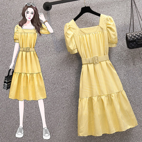 เดรสคนอ้วน เดรสสาวอวบ ชุดเดรสคนอ้วนวัยรุ่น สีเหลือง กระโปรงระบายๆ BY PLUS SIZE Girl