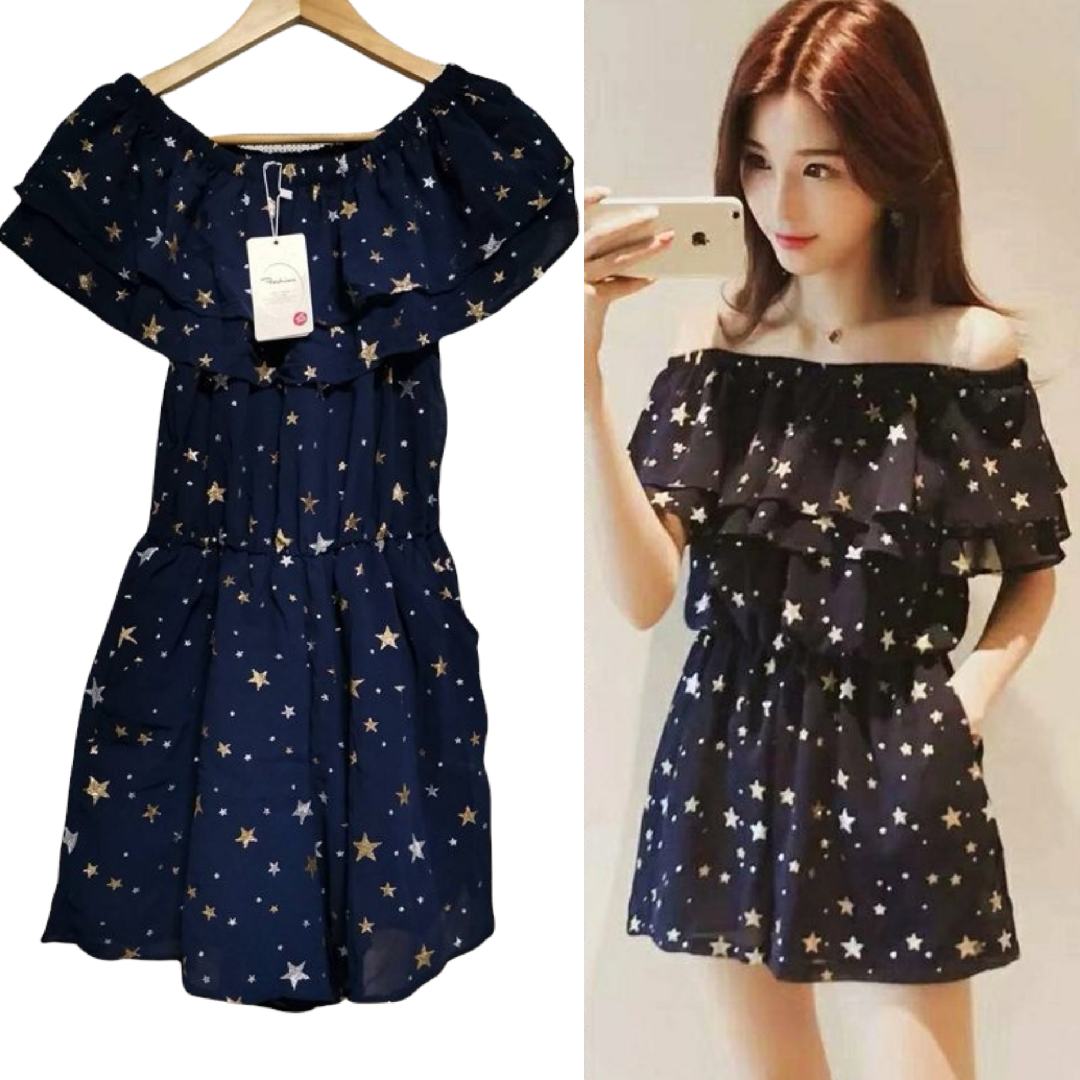 Jumpsuit677 จัมพ์สูทลายดาวกลิตเตอร์พื้นสีกรม ทรงเปิดไหล่สม็อคระบายรอบ เอวยางยืด มีกระเป๋าข้าง มีซับในกางเกง ผ้าชีฟองเนื้อหนา งานสวยใส่ง่ายน่ารักมาก