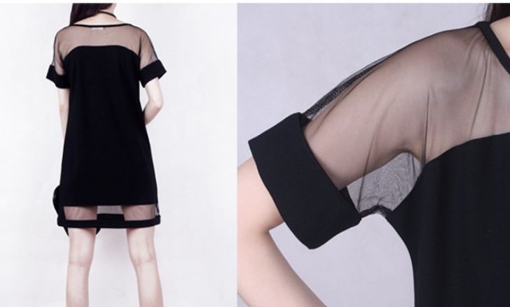 เดรส ทรงตรง ผ้าซีทรู เล็ก ๆ เดรสใส่เที่ยว ใส่ทำงาน แขนสั้น ชุดแซก เหนือเข่า เล็กน้อย สีดำ 19849