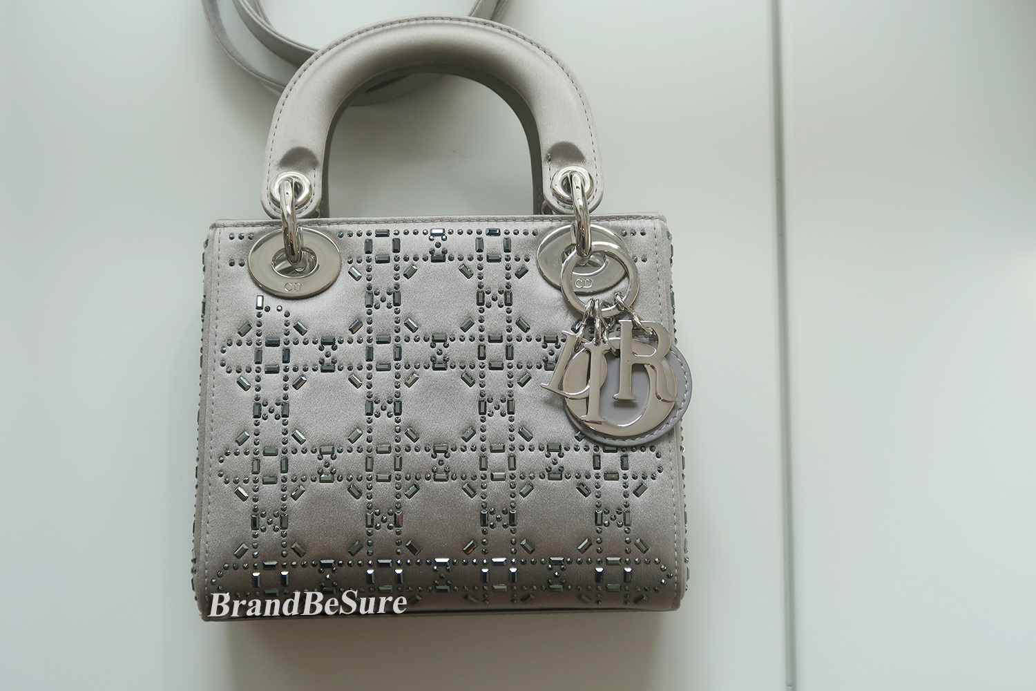 Christian Dior Grey Strass Cannage Satin Mini Lady Dior SHW
