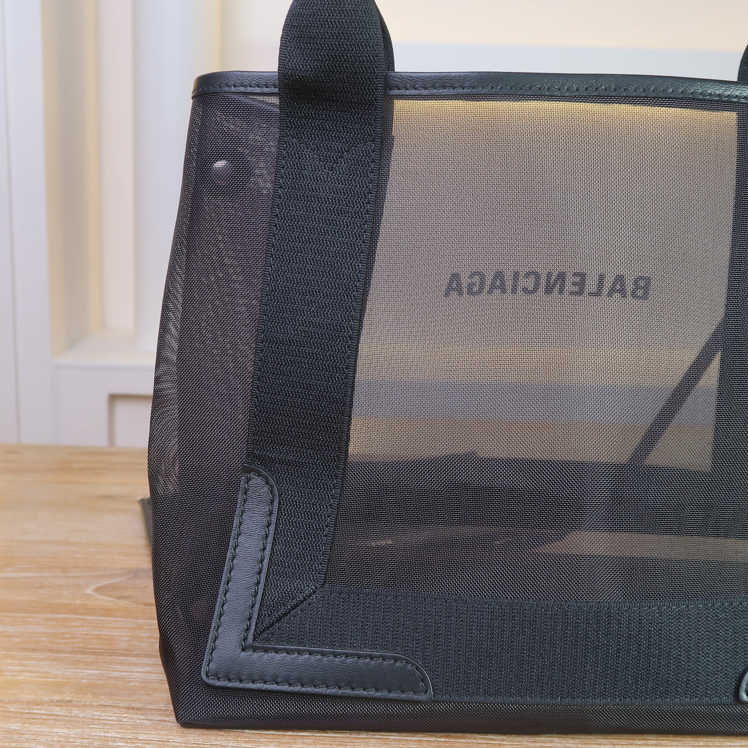 Balenciaga Black Mesh/Calfskin Logo Cabas S Tote Bag