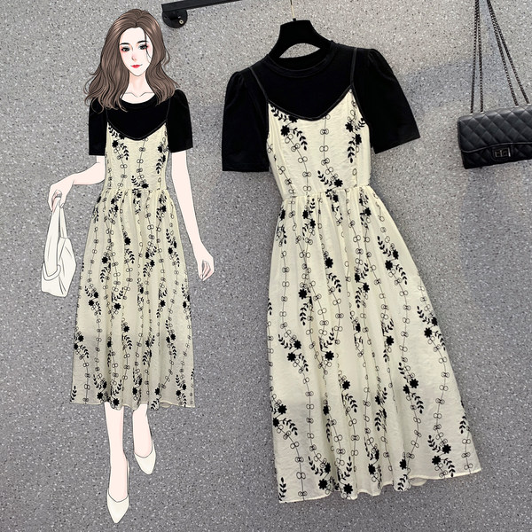 เดรสคนอ้วน เดรสสาวอวบ ชุดเดรสคนอ้วนวัยรุ่น เดรสยาวลายชีฟอง BY PLUS SIZE Girl