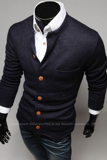 เสื้อกันหนาวผู้ชาย เสื้อคลุมผู้ชายแขน 3 ส่วน เสื้อ Jacket แบบสูท สไตล์ ยุโรป กระดุมหน้า มีกระเป๋าเสื้อ ด้านหน้า สีน้ำเงินกรมท่า no 825908