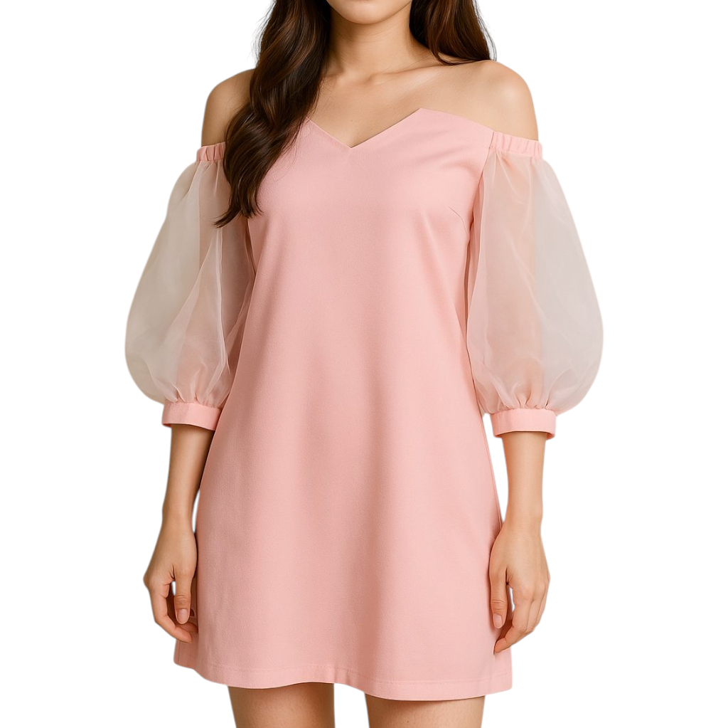 💗 Blouse3318 เสื้อเปิดไหล่ตัวยาวสีชมพูพาสเทล แขนผ้าแก้วซีทรูพองเบาๆ เพิ่มความฟรุ้งฟริ้งระดับเจ้าหญิง