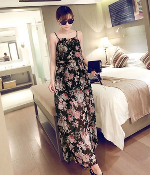 Maxi Dress เดรสยาว ทรงสายเดี่ยว เนื้อผ้าชีฟองลายดอก สีดำ เก๋ๆ พร้อมส่งน๊า