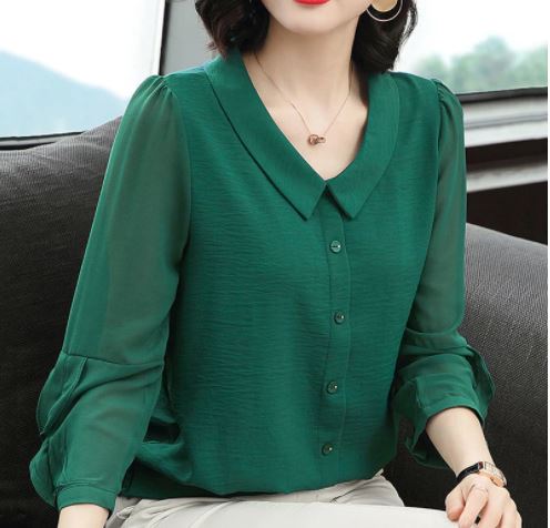 เสื้อเชิ้ตผู้หญิง เสื้อเชิ้ตแขนยาว ผ้าซีฟอง แบบผู้ใหญ่ ใส่สวย สีชมพู สีเขียว เสื้อเชิ้ต แบบสุภาพ 890944
