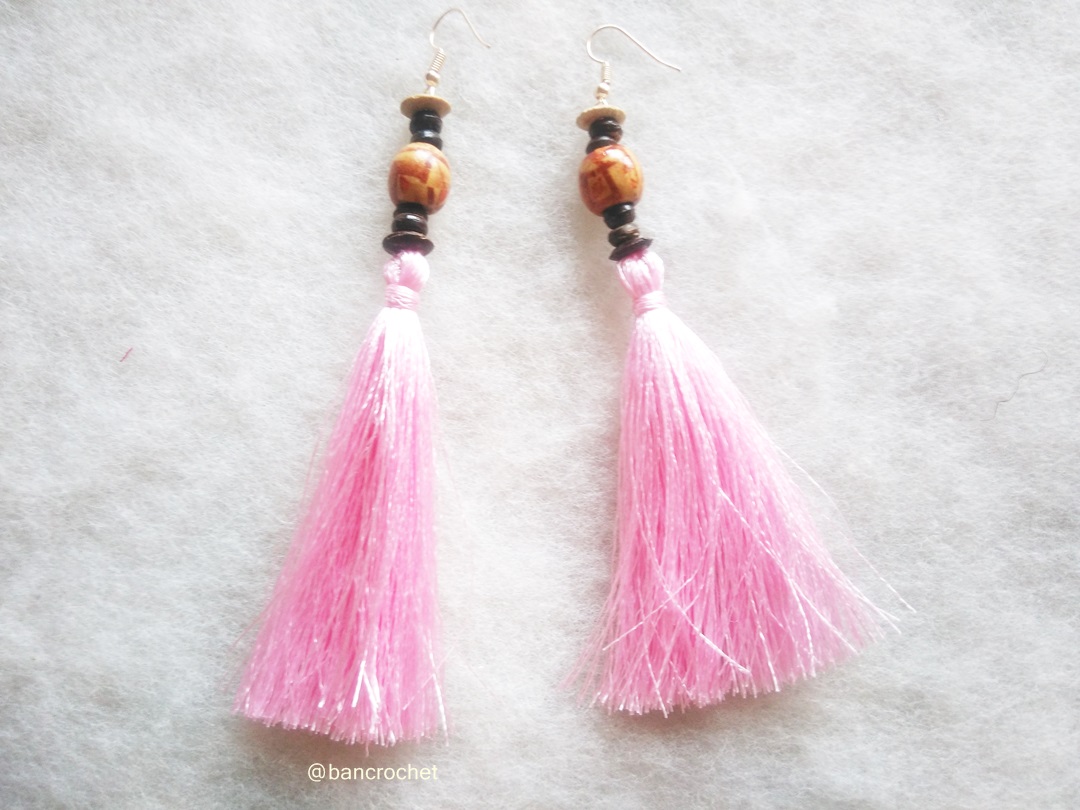 Bancrochet ต่างหูถักโครเชต์ crochet earrings สีชมพู 5 นิ้ว