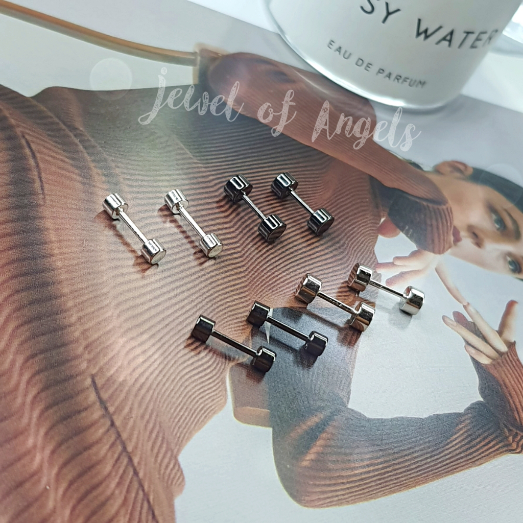 ต่างหูเงินแท้S925 รุ่น Strength ต่างหูดัมเบลล์ขอบเหลี่ยม แป้นหลังบอลขอบเหลี่ยม เบสิคมินิมอล เงินแท้ทั้งชิ้น