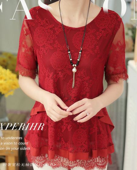 เสื้อผ้าลูกไม้แขนสั้น สีแดง ใส่แบบหลวม ๆ คล่องตัว แบบสวย มีดีไซน์ เสื้อลูกไม้ สีแดง แบบคุณนาย ใส่สวย ดูดี มีระดับ 161156