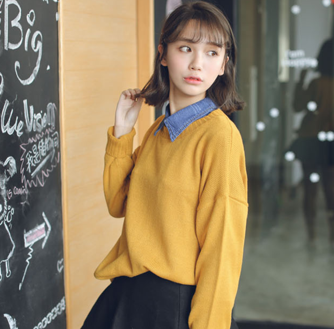 Sweater เสื้อสเวทเตอร์แขนยาว สีเหลือง ทรงสวย จะใส่เดี่ยวไหรือใส่โค้ทคลุมก็เริ่ด