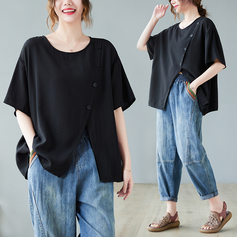 เสื้อทีเชิ้ตคนอ้วนผู้หญิงสไตล์คอตตอนลินินมีไซต์อก 47-48 นิ้ว