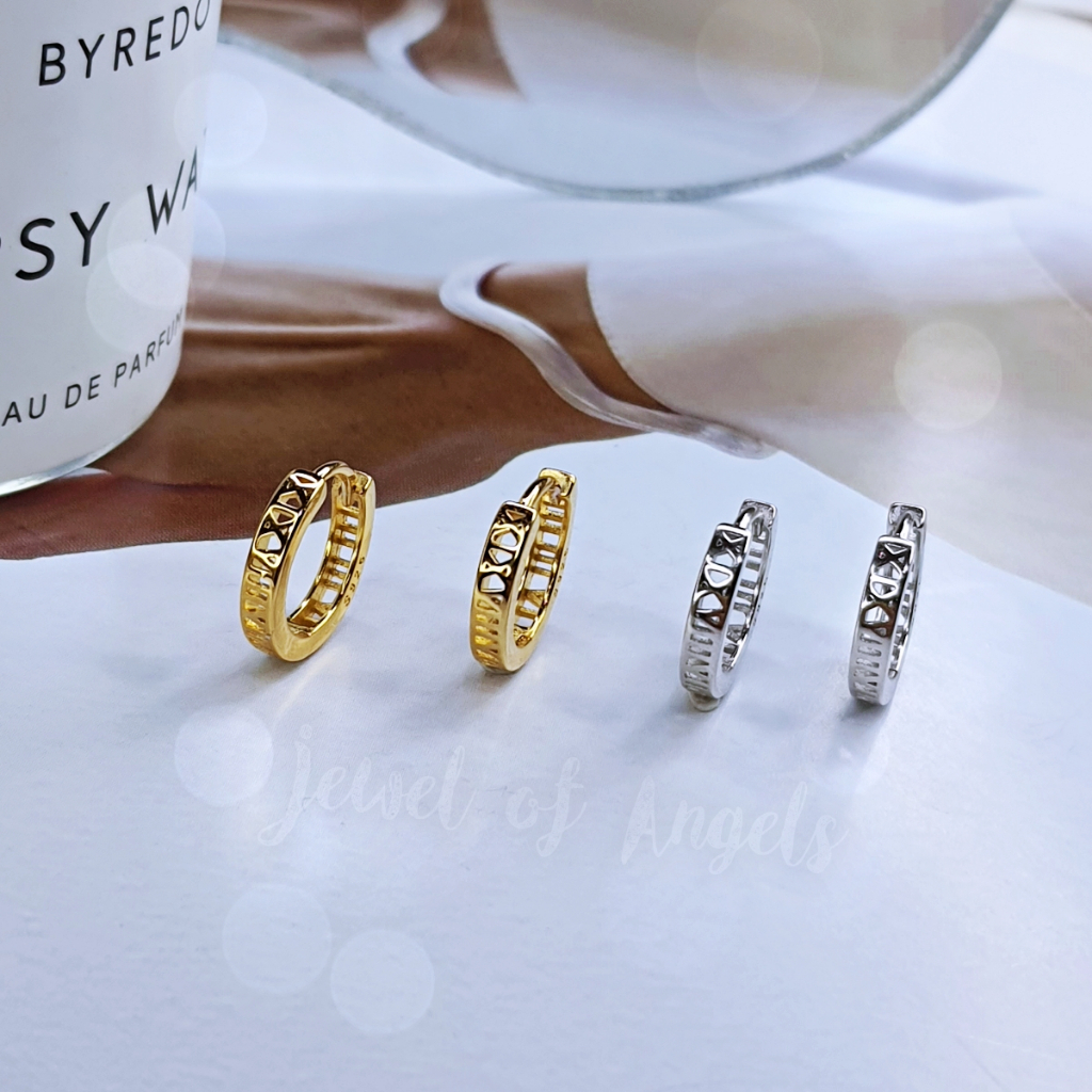 ต่างหูเงินแท้ S925 ต่างหูห่วง รุ่น Roma สีทอง สีเงิน ฉลุลายเลขโรมัน silver925