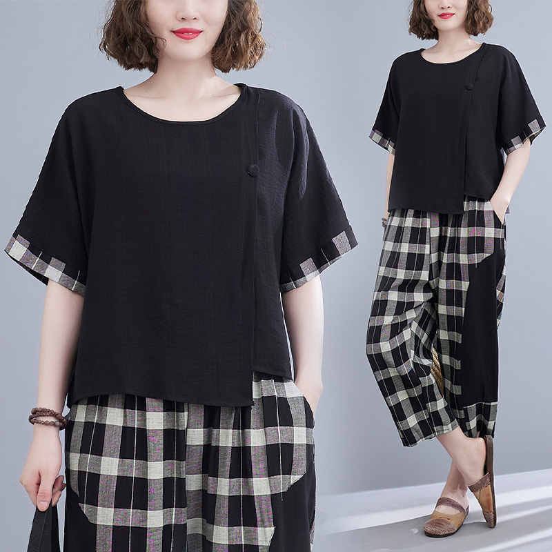 เสื้อทีเชิ้ตคนอ้วนผู้หญิงสไตล์คอตตอนลินินมีไซต์อก 47-48 นิ้ว