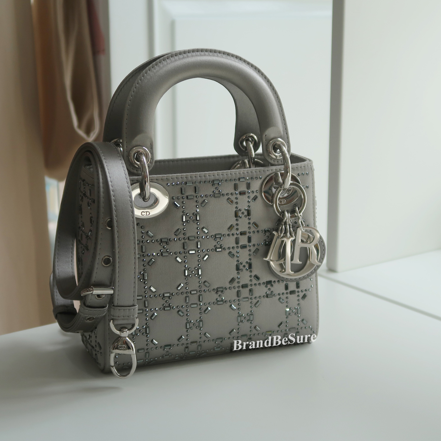 Christian Dior Grey Strass Cannage Satin Mini Lady Dior SHW