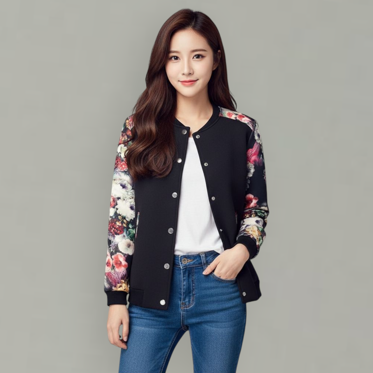 🌼🖤 Blouse3630 เสื้อคลุมแจ็กเก็ตสีดำแขนยาวลายดอกไม้สไตล์เกาหลี ลุคเท่และนุ่มนวลในเวลาเดียวกัน