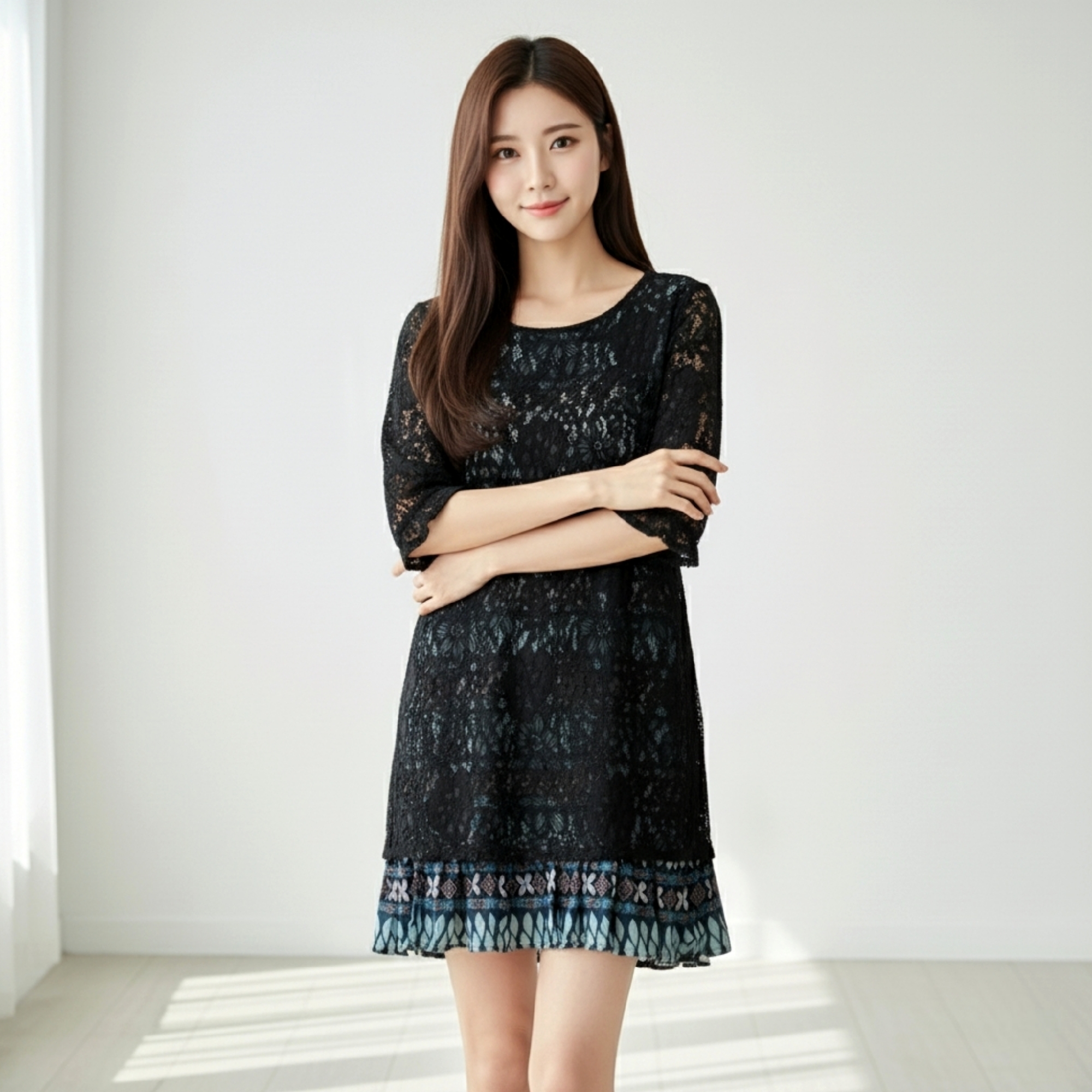 Dress3932 เดรสลูกไม้สีดำเนื้อนุ่มคลุมทับผ้าเนื้อดีลายกราฟฟิค แต่งชายระบาย แขนยาวสี่ส่วนชายระบาย งานสวย ใส่ง่าย น่ารักมาก