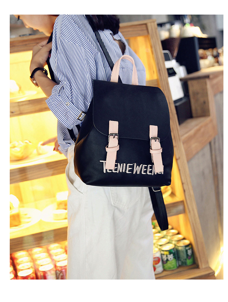 กระเป๋าเป้ สไตล์เกาหลี ลายปัก ทรงน่ารัก สีดำ หนังนิ่ม พร้อมส่ง black