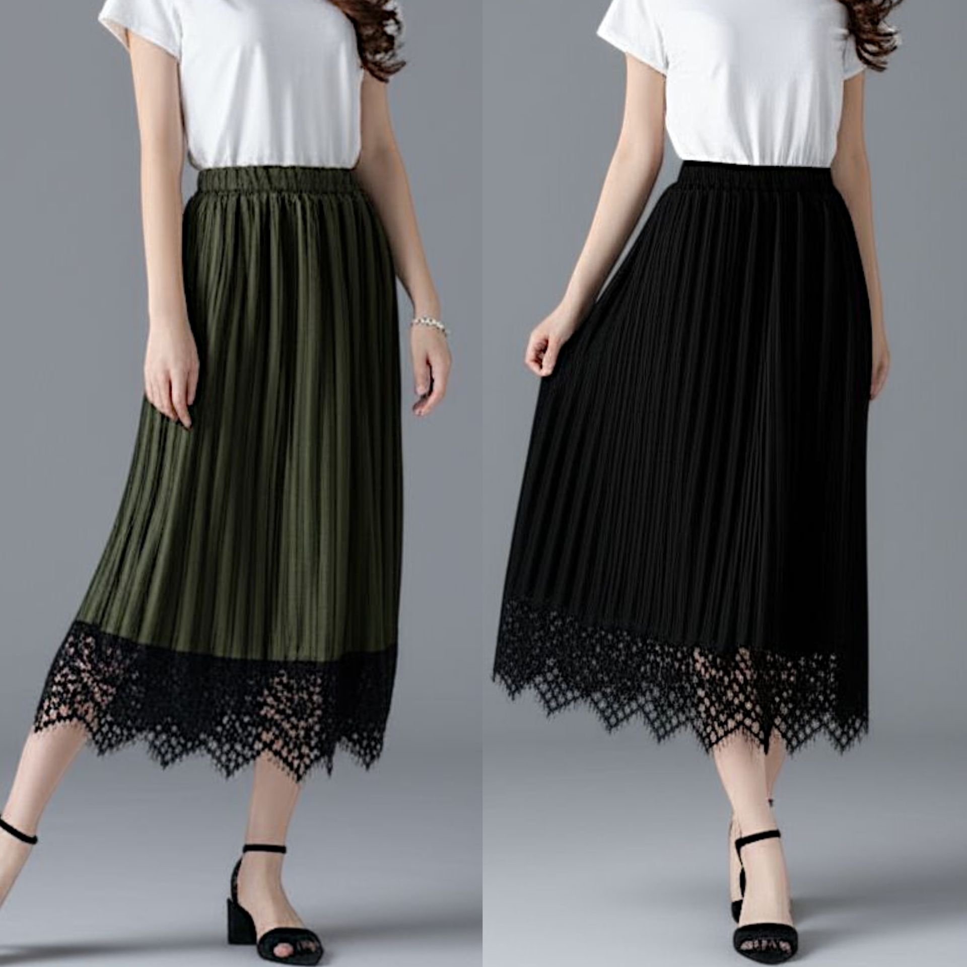 🖤💚 Skirt380 กระโปรงพลีทกำมะหยี่ชายลูกไม้ เรียบหรู แมทช์ง่าย ใส่ได้ทั้งเที่ยวและทำงาน