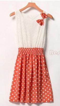 เดรสลายจุด สีส้ม สไตล์ สาวเกาหลี น่ารัก ด้านบน เป็น ผ้าชีฟอง สีขาว no 36893