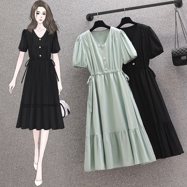 เดรสคนอ้วน เดรสสาวอวบ ชุดเดรสคนอ้วนวัยรุ่นแขนสั้น คอวีมีสีดำ เขียว BY PLUS SIZE Girl