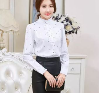 เสื้อเชิ้ตผู้หญิง เสื้อเชิ้ตแขนยาว สีขาว ระบาย ที่คอ เสื้อเชิ้ต ใส่ทำงาน แขนยาว แบบสวย ดูสุภาพ 136933
