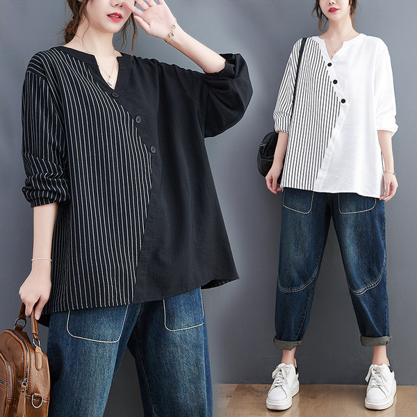 เสื้อทีเชิ้ตคนอ้วนผู้หญิงสไตล์คอตตอนลินินมีไซต์อก 47-48 นิ้ว