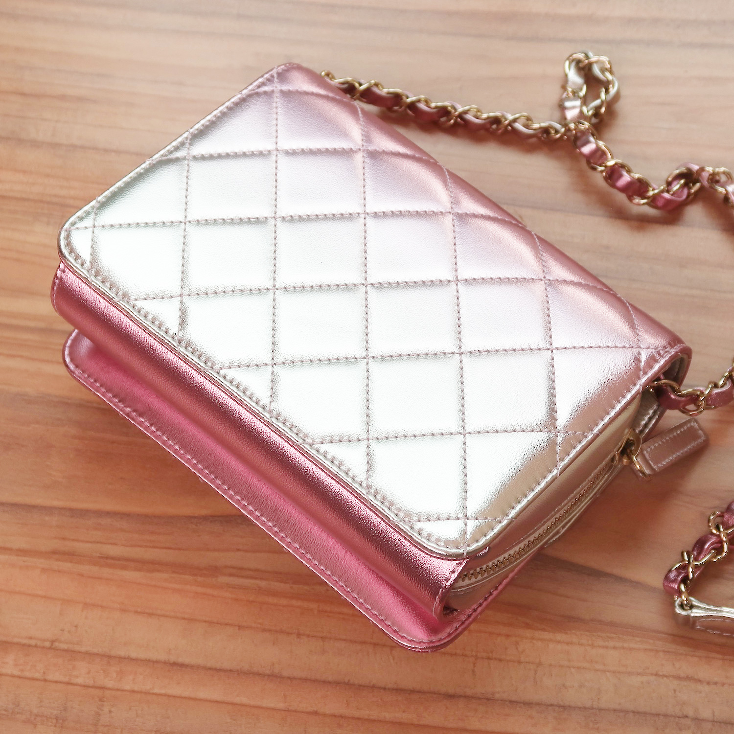 Chanel Rose Pink Metallic Lambskin Like A Wallet Flap GHW