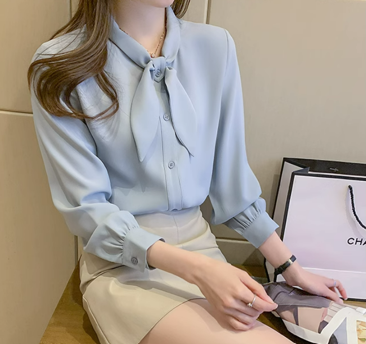 เสื้อเชิ้ต ผู้หญิง ใส่ทำงาน สีพื้น สีฟ้าคราม สีขาว เสื้อเชิ้ตแขนยาว แบบมีโบว์ที่คอ น่ารัก ๆ 787516
