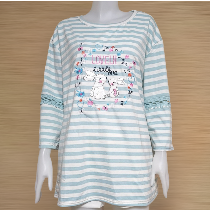 Blouse3887 เสื้อแฟชั่นไซส์ใหญ่ลายริ้ว แขนสามส่วนแต่งลูกไม้ อกปักลายน่ารัก ผ้าคอตตอนซอฟท์เนื้อดีนุ่มใส่สบาย