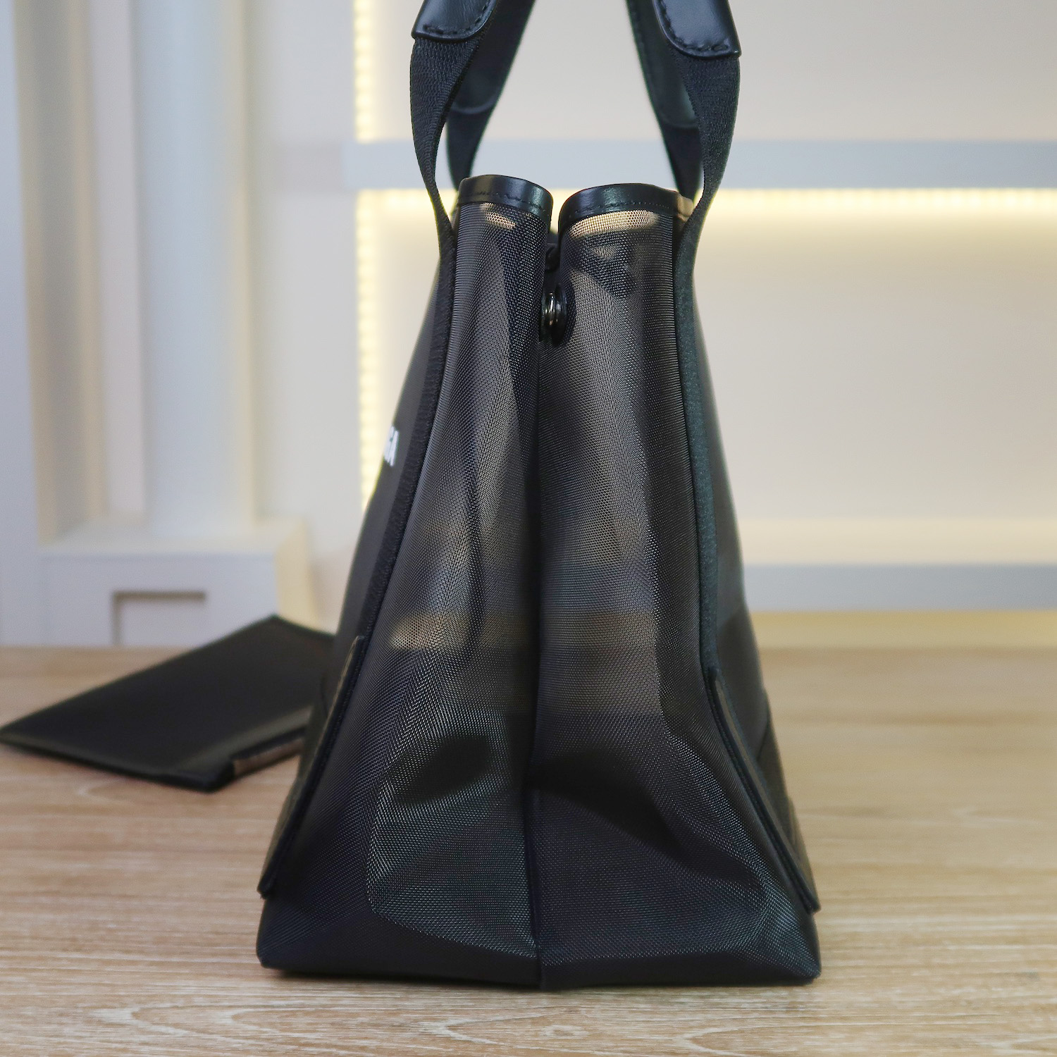 Balenciaga Black Mesh/Calfskin Logo Cabas S Tote Bag