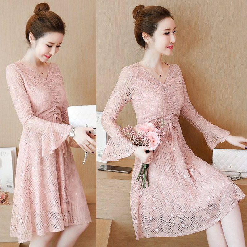 Dress4503 เดรสยาวลูกไม้ทรงสวย แขนยาวแต่งระบาย มีเชือกรูดกลางอกเก๋ๆ ดูมีดีเทล ผ้าลูกไม้เนื้อดีหนาสวยเกรดพรีเมียม งานดีผ้าสวยเหมือนราคาหลักพัน