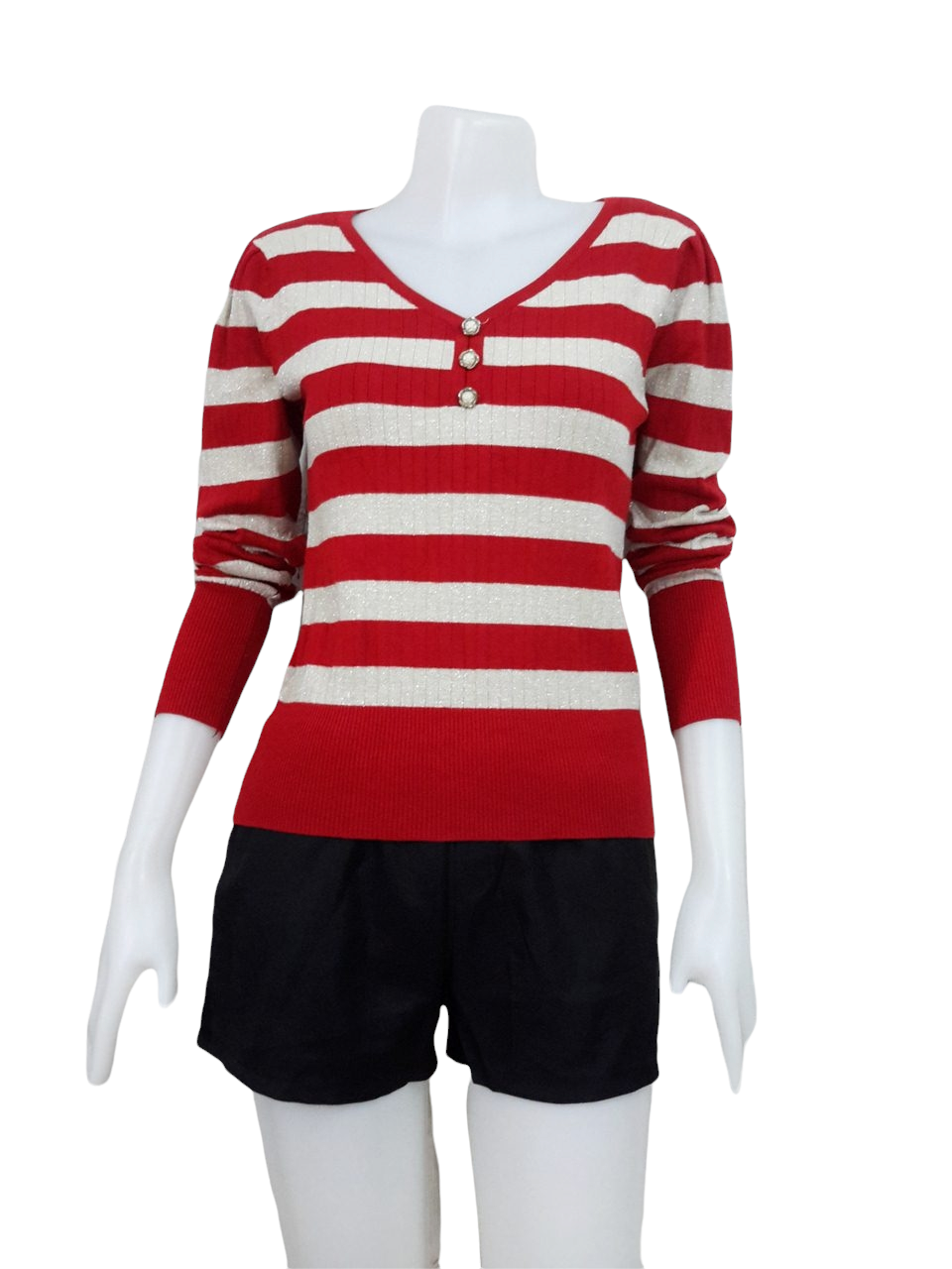 Blouse3527 2nd hand clothes เสื้อไหมพรมร่อง(เนื้อหนาปานกลาง) แขนยาว คอวี แต่งกระดุม ลายริ้วโทนสีครีมแดง