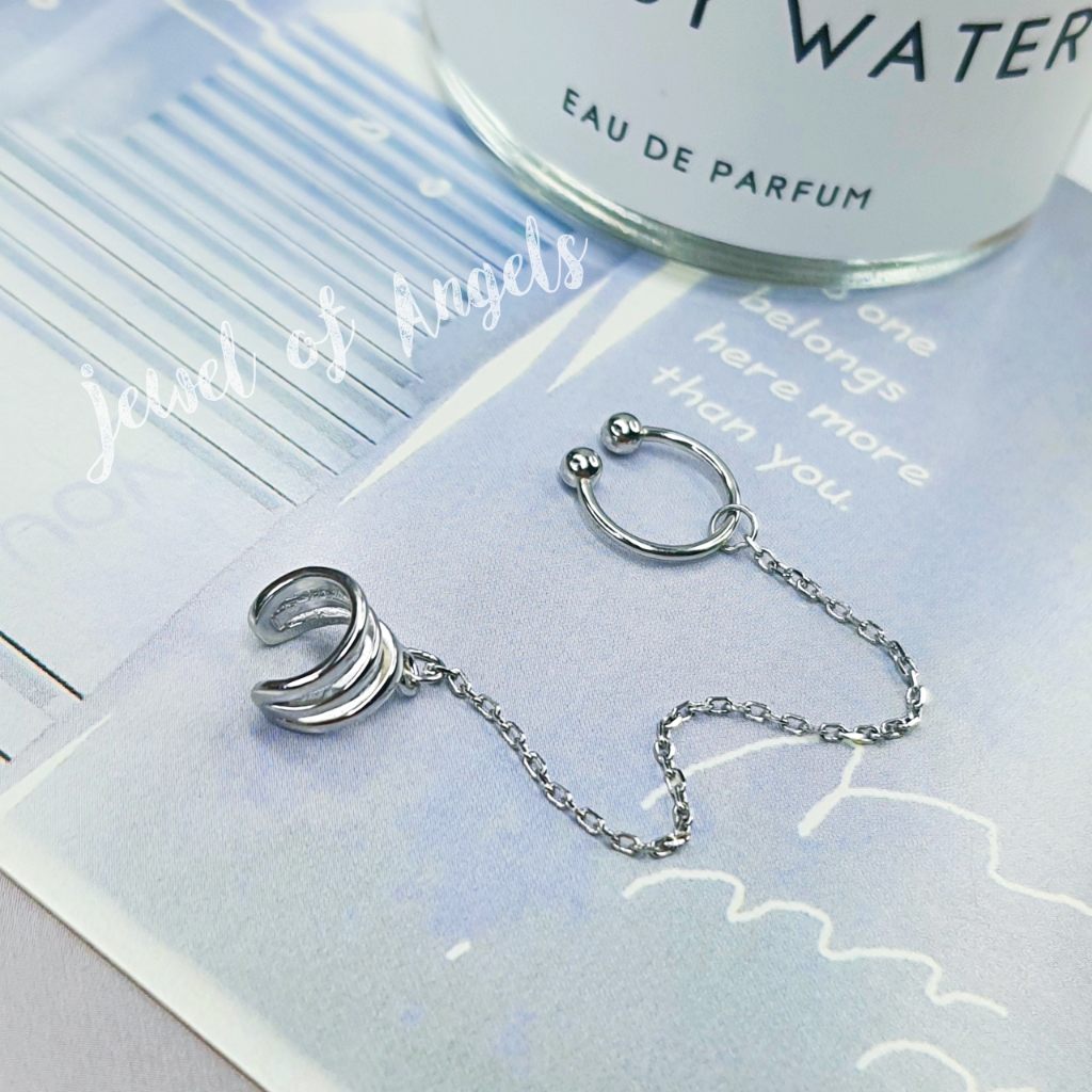 ต่างหูหนีบ Ear Cuff รุ่น Clound เงินแท้S925 ต่างหูคลิปหนีบห่วงและ3แฉก แต่งโซ่ สีเงิน Silver925