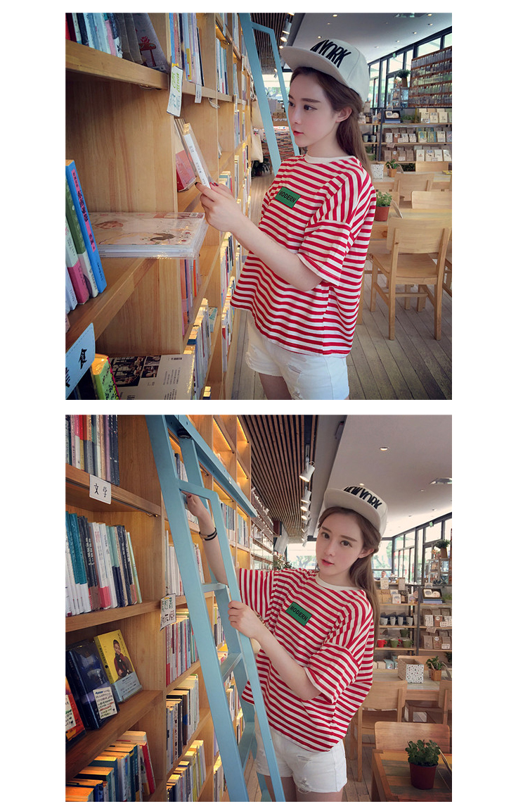 เสื้อแฟชั่นลายขวาง สีแดงขาว (สกรีนสีเขียว) สีแดงขาว (สกรีนสีเขียว)