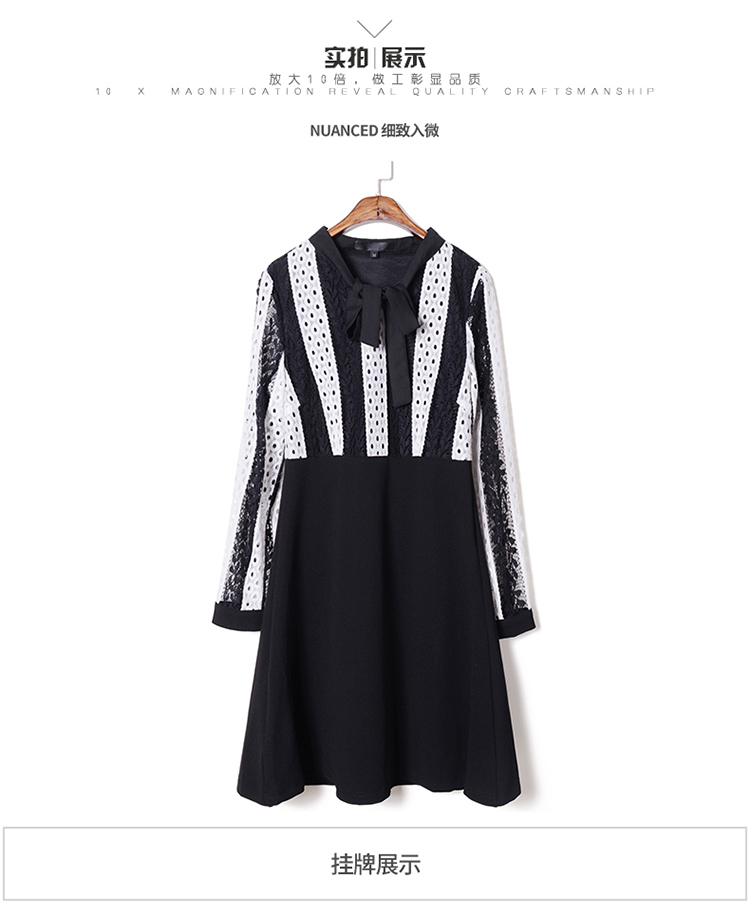 Dress4426 เดรสลูกไม้แขนยาวสลับสีครีมดำตัดต่อกระโปรงสีพื้นดำผูกโบว์คอ มีซับใน งานดีทรงดีดูสวยแพง ทรงนี้ใส่ทำงานได้