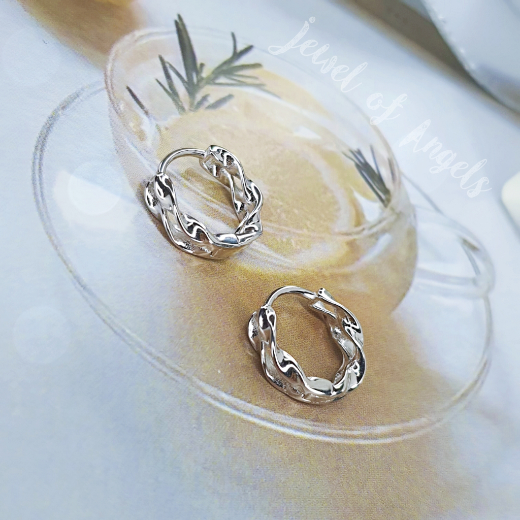 ต่างหูเงินแท้ S925 รุ่น Mirror ต่างหูห่วงเกลียวคู่ สูง12.5mm เงินแท้ทั้งชิ้น Silver925 ต่างหูผู้ชาย