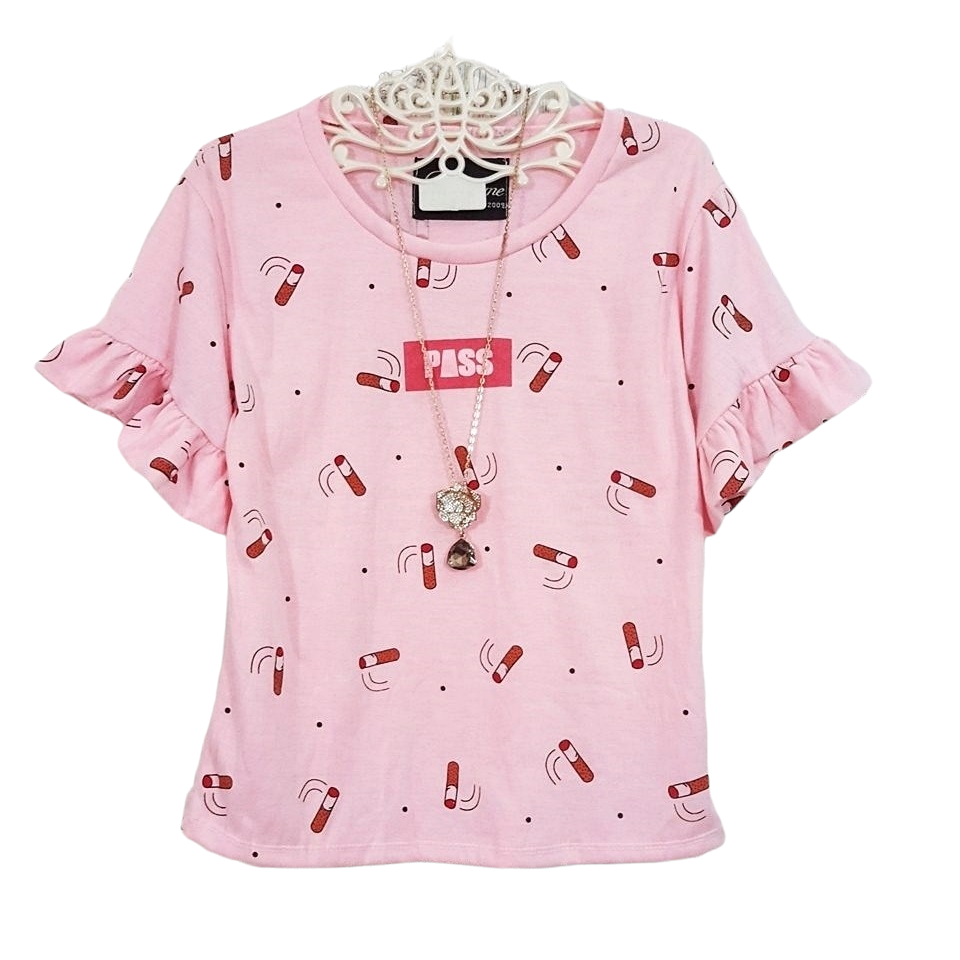 Blouse3222 เสื้อแฟชั่นน่ารักสีชมพูพาสเทลสกรีนลายกราฟฟิค แขนสามส่วนระบาย ผ้าคอตตอนเนื้อดีนุ่มยืดหยุ่นสูงใส่สบาย