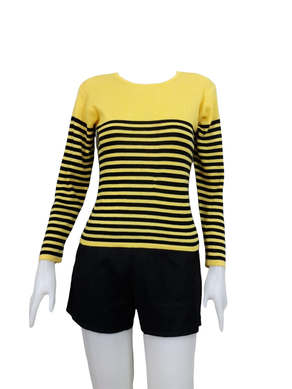 Blouse3532 2nd hand clothes เสื้อไหมพรมร่อง(เนื้อหนาปานกลาง) แขนยาว คอกลม ลายริ้วโทนสีเหลืองดำ