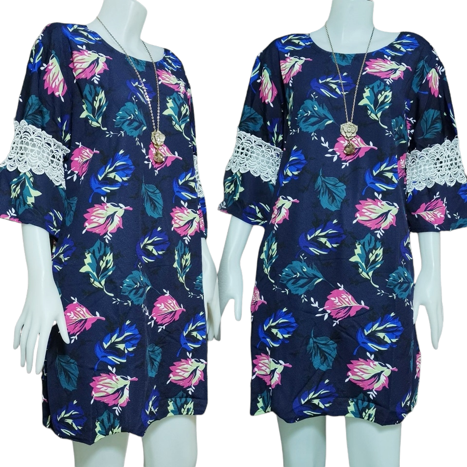 Dress4387 เดรสไซส์ใหญ่ทรงปล่อยลายดอกไม้ แขนสามส่วนระบายแต่งลูกไม้ ผ้าวูลเวฟ(ผ้าหนังไก่)เนื้อดีหนานิ่มมีน้ำหนักยืดขยายได้เยอะใส่สบายสุด งานดีทรงสวย ทรงนี้ใส่ได้เรื่อยๆ มี 5 สี แดง, ขาว, ชมพู, กรม, ดำ