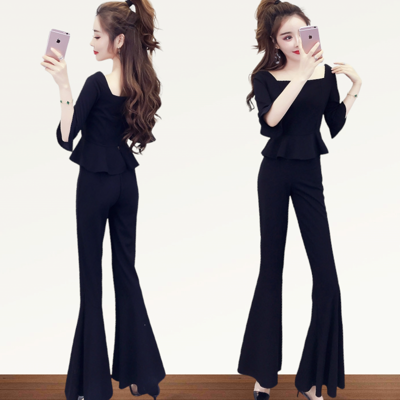 Set_bt1733 ชุดเซ็ท(เสื้อ+กางเกง) เสื้อคอเหลี่ยมชายระบายแขนสามส่วนซิปหลังใส่ง่าย กางเกงขายาวชายบาน เอวสม็อคยางยืดหลัง ผ้าโพลีเนื้อดีหนามีน้ำหนักยืดหยุ่นได้ งานดีทรงดีเรียบหรู ใส่แล้วดูสวยแพง มี 2 สี ดำ, ไวน์แดง