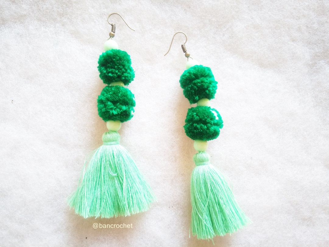 Bancrochet ต่างหูถักโครเชต์ crochet earrings สีเขียว 4.5 นิ้ว