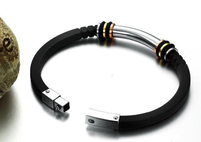 สร้อยข้อมือผู้ชาย กำไลข้อมือผู้ชาย สาย สแตนเลส ผสานกับ silicone แท้สีดำ สลับ ทอง เงิน นาก เรียบหรู มีสไตล์ no 856357