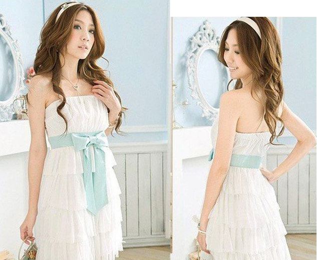 เดรสออกงาน กลางวัน งานกลางคืน สีขาว ราคาประหยัด เดรสเกาะอก แสนสวย ใส่ออกงาน ผ้าชีฟอง ระบายเป็นชั้น ติดโบว์ที่เอว สวยหรู ลุ๊ค คุณหนู 446558_1