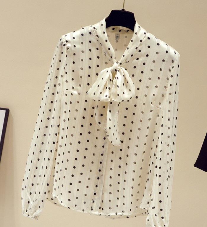 เสื้อเชิ้ต ผู้หญิง แขนยาว เสื้อใส่ทำงาน ผ้าซีฟอง ลายจุด สไตล์ ผูกโบว์ ด้านหน้า เก๋ ๆ เสื้อสวยใส่ทำงาน 564868