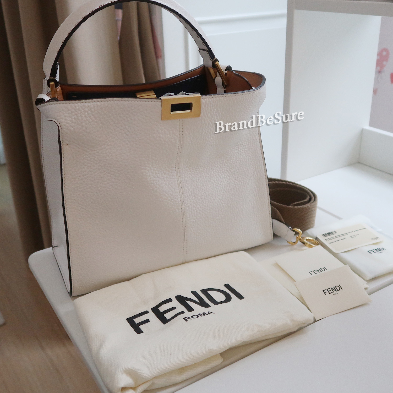 Fendi White Grained Calfskin X-Lite Peekaboo Medium GHW