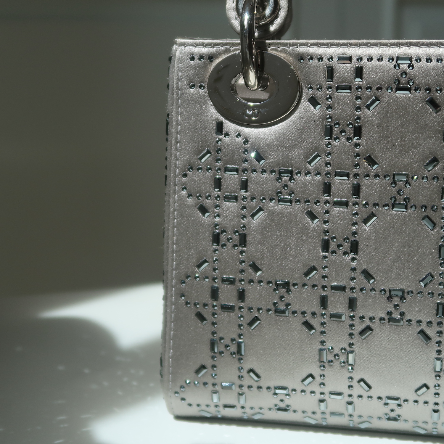 Christian Dior Grey Strass Cannage Satin Mini Lady Dior SHW